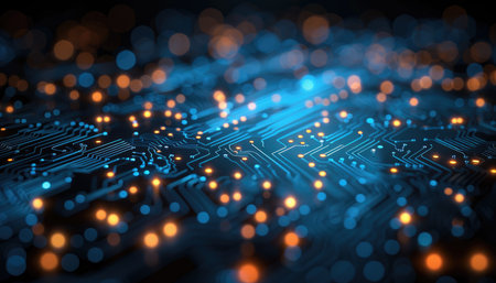 Detailed close-up view of a complex circuit board with illuminated pathways and glowing points. The image showcases the intricate design and connections of the electronic components. The dark background and bright highlights create a visually striking effect.の素材