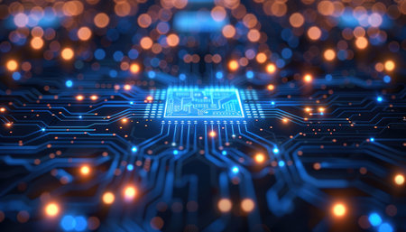 Detailed close-up of a complex circuit board, featuring illuminated lines and components, showcasing the intricate design of modern technology. The image highlights the technological elements in a visually compelling way.の素材