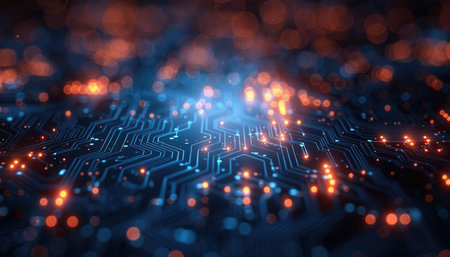 Detailed graphic illustration of an intricate circuit board, showcasing glowing lines and pathways.  The design is futuristic and technological in nature, with orange and blue light highlighting the detailed pathways and points of connection.の素材