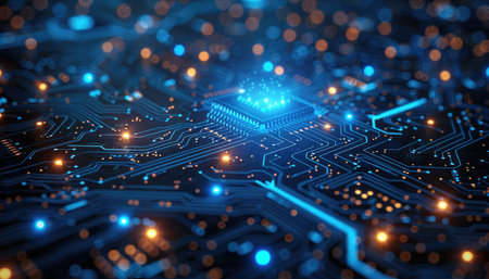 Detailed close-up image of a computer circuit board with intricate pathways and glowing lights. The image highlights the intricate design and complexity of modern electronic components.の素材