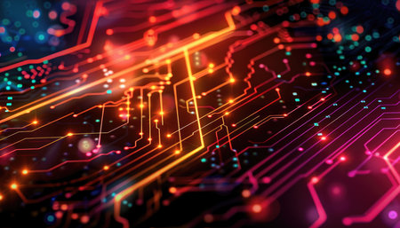 Detailed close-up of a circuit board, highlighting the intricate network of glowing lines and connections.  The image showcases a bright and colorful display of digital technology.の素材