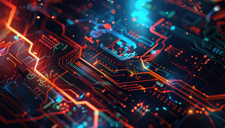 Close-up view of a circuit board, showcasing intricate, colorful pathways and glowing lines.  The image highlights the complexity and futuristic aesthetic of modern electronics.  The lines and connections are visually emphasized by vibrant colors such as red, blue, and orange.の素材