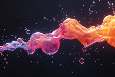 Colorful water splash isolated on black background. 3d render illustrationの素材