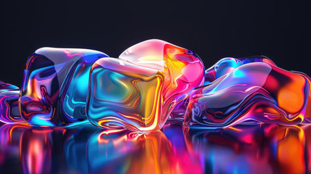 Digital rendering of abstract, colorful, glossy shapes that appear to be fluid or liquid in nature.  The shapes are geometric and dynamic, with vibrant colors and reflections.  They rest on a dark surface with reflections of the colors.  The overall impression is one of modern design and artistic expression.の素材
