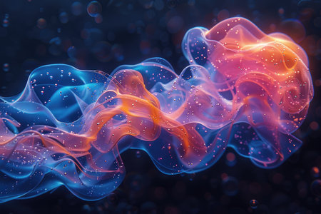 Captivating digital artwork featuring translucent,  dynamically flowing shapes in vibrant hues,  with subtle shimmering details. The interplay of light and color creates a mesmerizing visual effect.  A sense of movement and fluidity is prominent throughout the composition. Small, scattered light orbs add an extra dimension to the image.の素材