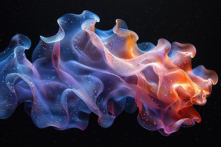 Dynamic and flowing composition of abstract shapes.  The forms appear to be composed of translucent iridescent fabric with a shimmering texture.  They swirl and undulate in a vibrant mix of colors, creating an artistic visual effect.  Small glittering particles are scattered throughout the fabric-like forms, enhancing the visual interest.の素材