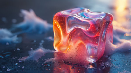 Melting ice cube with water drops on dark background, closeupの素材