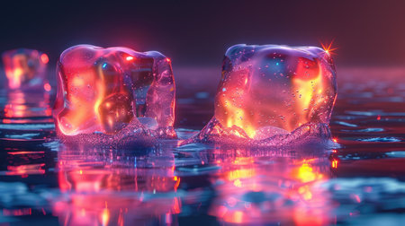 Two vibrant ice cubes, seemingly floating on a surface of water, are illuminated by glowing, multicolored light, creating a striking visual effect. The light appears to emanate from within the ice cubes, highlighting their intricate textures and reflections. The surface of the water displays captivating reflections, adding to the overall artistic impression.  The image showcases a stunning interplay of light, color, and texture.の素材