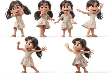 A 5 year old amrican girl, multiple poses, white background, Disney style, pixar 3D. --ar 3:2 --v 6 Job ID: 587dab5d-e808-4997-b207-e179d49d94eeの素材