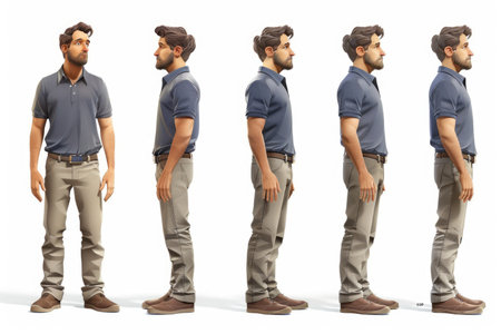 Handsome bearded young man in a blue polo shirt and sunglasses standing in a row isolated on white backgroundの素材