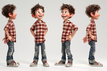 Cute little boy in checkered shirt and jeans standing on gray backgroundの素材