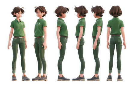 3D rendering of a female character, front and back view isolated on white backgroundの素材