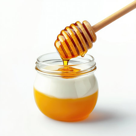 24092110 13 Yogurt in Glass Jar with Honey Drizzle: A jar of thick, creamy yogurt with a drizzle of honey on top, isolated on a white background, with each detail in sharp focus and lit with studio lighting. --ar 1:1 --personalize gi1w8os --v 6.1 Job ID: 3ece3522-a1c6-42c7-a354-e2c6559e6e21の素材