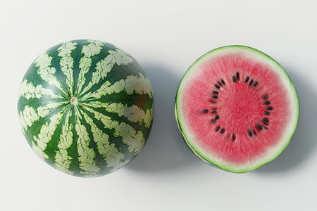Watermelon and watermelon slices on white background. Top view.の素材