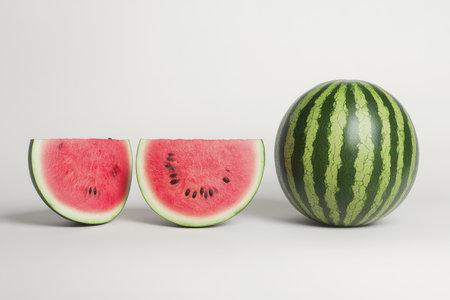 Watermelon and watermelon slices on white background. 3d illustrationの素材