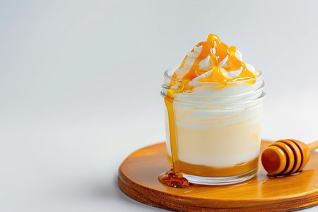 Dessert with whipped cream and honey in a glass jar on a white backgroundの素材