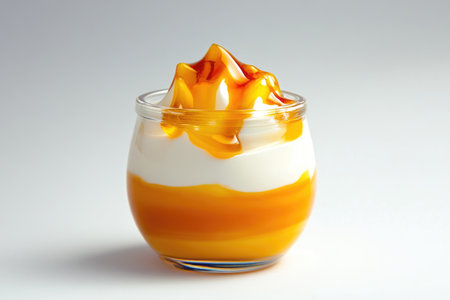 Dessert in a glass with cream and caramel on a white backgroundの素材