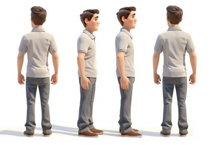 3D rendering of a teenage boy in different poses isolated on white backgroundの素材