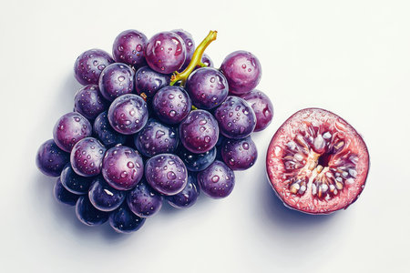 A realistic photo of large grapes with water droplets on them, a whole grapes and half a grapes, with a white background laid flat --ar 3:2 --style raw --v 6.1 Job ID: 2d723cde-75ae-4cb3-94ba-2093b6b75541の素材