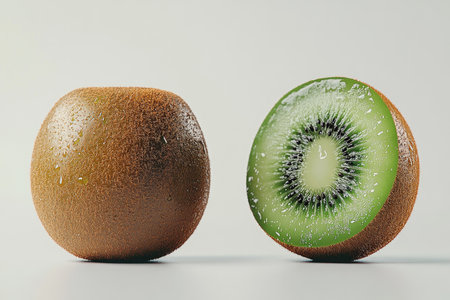 A realistic photo of two large Kiwi with water droplets on them, a whole Kiwi and half a Kiwi, with a white background laid flat --ar 3:2 --style raw --v 6.1 Job ID: 6791711b-0d1c-4be3-9755-10450fb93dcaの素材