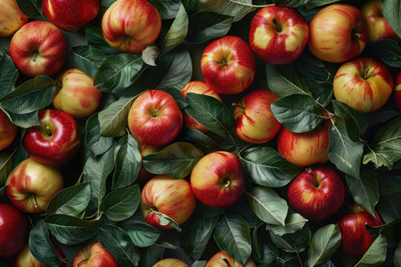 apples pattern background, leaves background texture and detailed, no people or faces, flat lay composition, high resolution photography, wide angle, shot in the style of Canon EOS5D Mark III camera, 8k. --ar 3:2 --v 6 Job ID: 20053740-e5bf-49b7-ae5b-f7b676e56af4の素材