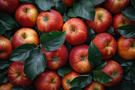 apples pattern background, leaves background texture and detailed, no people or faces, flat lay composition, high resolution photography, wide angle, shot in the style of Canon EOS5D Mark III camera, 8k. --ar 3:2 --stylize 1000 --v 6 Job ID: aa347c7e-f161-4f54-a19a-29bf04e1cbc8の素材