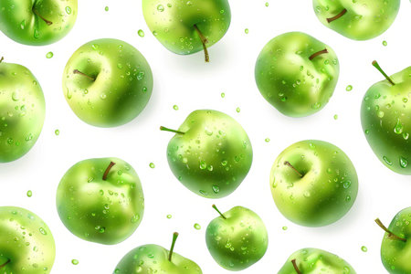 Flying apples seamless pattern, realistic style, white background, PNG format with space for text, high resolution, high detail, no shadows. The green color of the apples should be bright against a pure white background. It is important that there will not be any other elements in front of or behind them. --ar 3:2 --v 6 Job ID: 3add57a9-38e3-4c51-a103-fac3d0ce1d30の素材