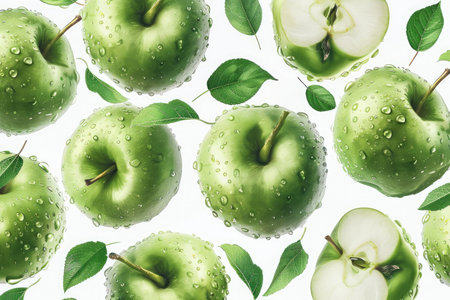 Green apples with water drops isolated on white background. Flat lay, top viewの素材
