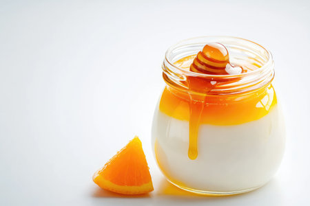 Yogurt in Glass Jar with Honey Drizzle: A jar of thick, creamy yogurt with a drizzle of honey on top, isolated on a white background, with each detail in sharp focus and lit with studio lighting. --ar 3:2 --personalize gi1w8os --v 6.1 Job ID: d07aacc8-c355-414f-945b-c2a647ca0de7の素材