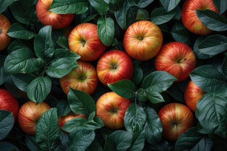 Ripe red apples on green leaves background, top view, copy spaceの素材