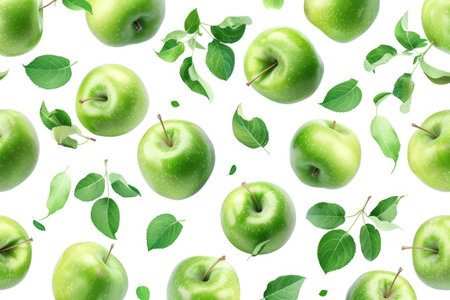 Green apples with leaves isolated on white background. Seamless pattern.の素材