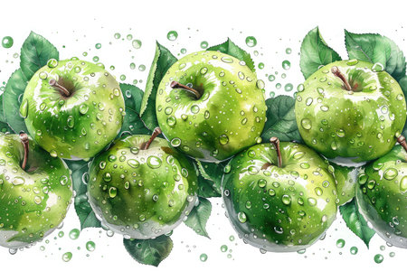 Green apples with drops of water on a white background. Watercolor illustration.の素材