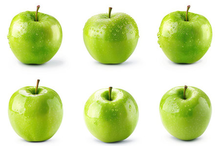 Set of green apples with water drops isolated on a white background.の素材