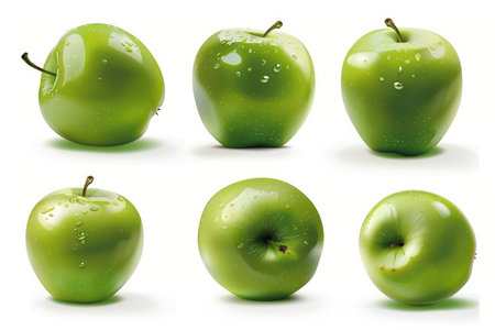 Green apples with water drops isolated on white background. Vector illustration.の素材
