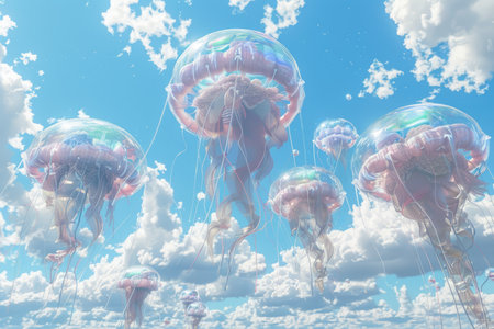 3d illustration of jellyfish floating in the blue sky with cloudsの素材
