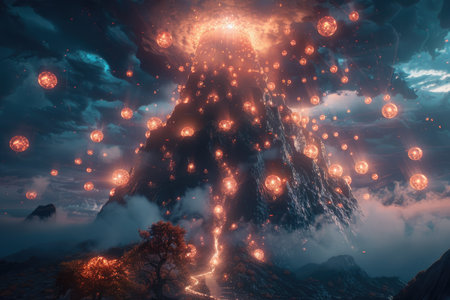 Fantasy landscape with a mountain in the clouds. 3d renderingの素材