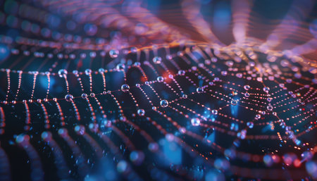 3d rendering of a network of glowing particles with depth of field and bokeh.の素材