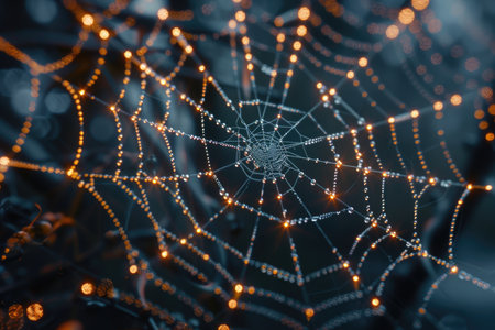 Spider web with dew drops close-up, shallow depth of fieldの素材