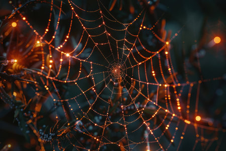 Spider web with dew drops on a dark background. Close-upの素材
