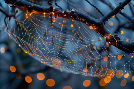 spider web with dewdrops on tree branch in autumnの素材