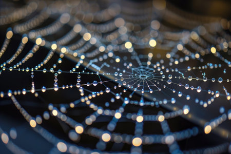 Spider web with bokeh lights, close-up. Abstract background.の素材