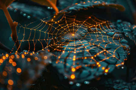 Close up of spider web with dew drops. Selective focus.の素材