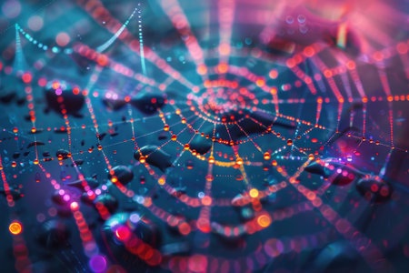 spider web with colorful bokeh on dark background. 3d renderingの素材