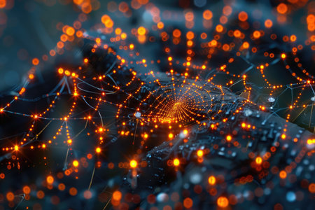 Close up of spider web with glowing lights. 3D Renderingの素材