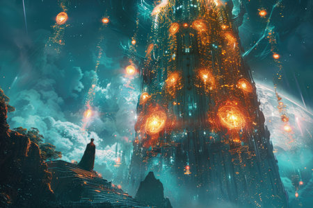 Mystical gothic temple in the night sky. 3D renderingの素材