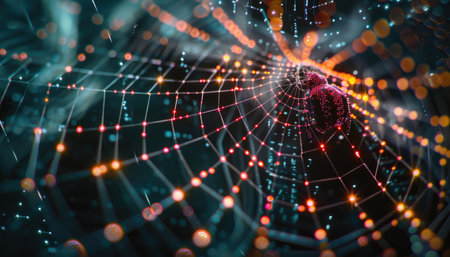 spider web with colorful light bokeh, 3d renderingの素材