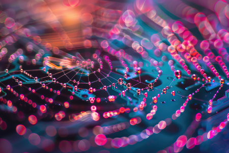 Abstract technology background. Close up of electronic circuit board with bokeh lights.の素材