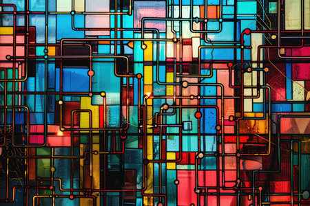 Colorful stained glass window background. Abstract background with vibrant colors.の素材
