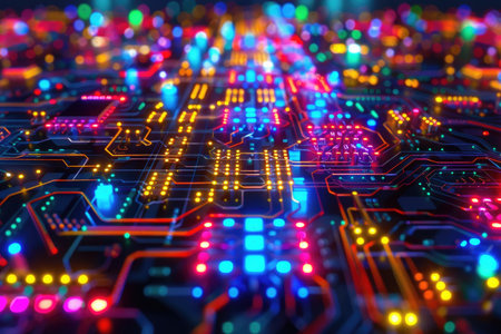 Circuit board close-up. Technology background. 3d renderingの素材