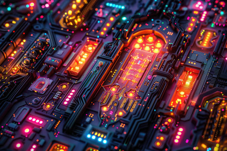 Close-up of electronic circuit board with colorful lights. Technology backgroundの素材